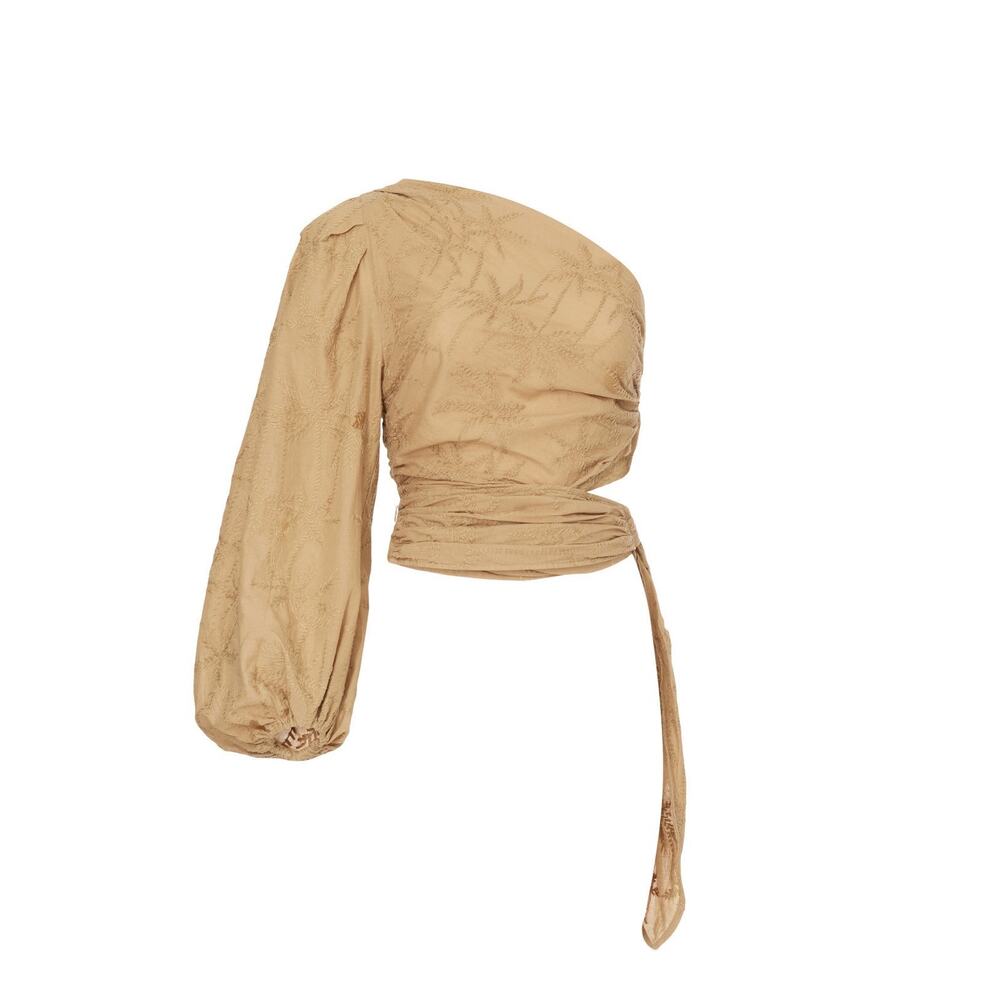 Maje Lalmeto One Sleeve Cut Out Ruched Tie Waist Tan Top Size Large - Picture 6 of 13